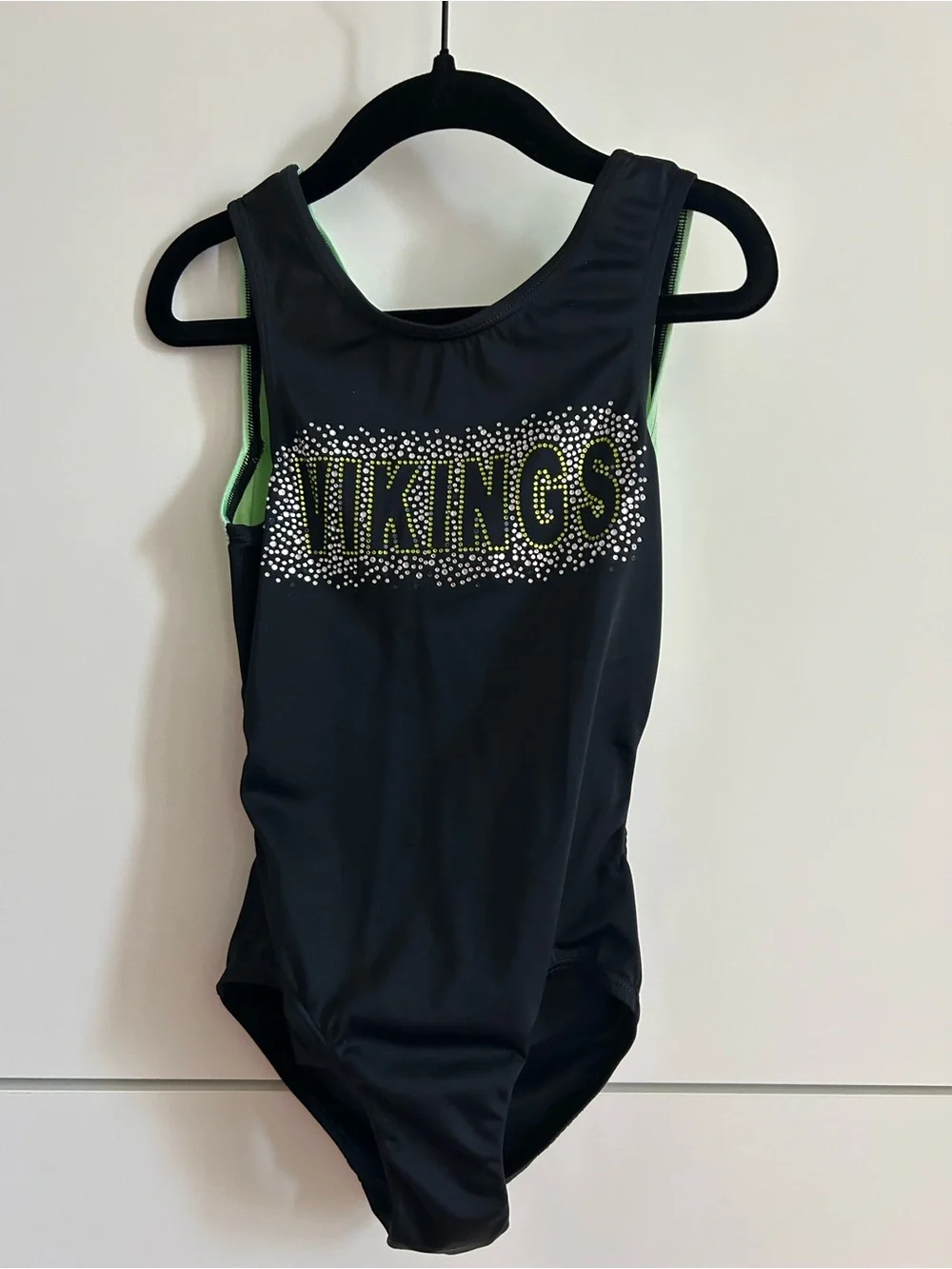 Black and Green 'VIKINGS' Rhinestone Gymnastics Dance Leotard - Child’s Medium
